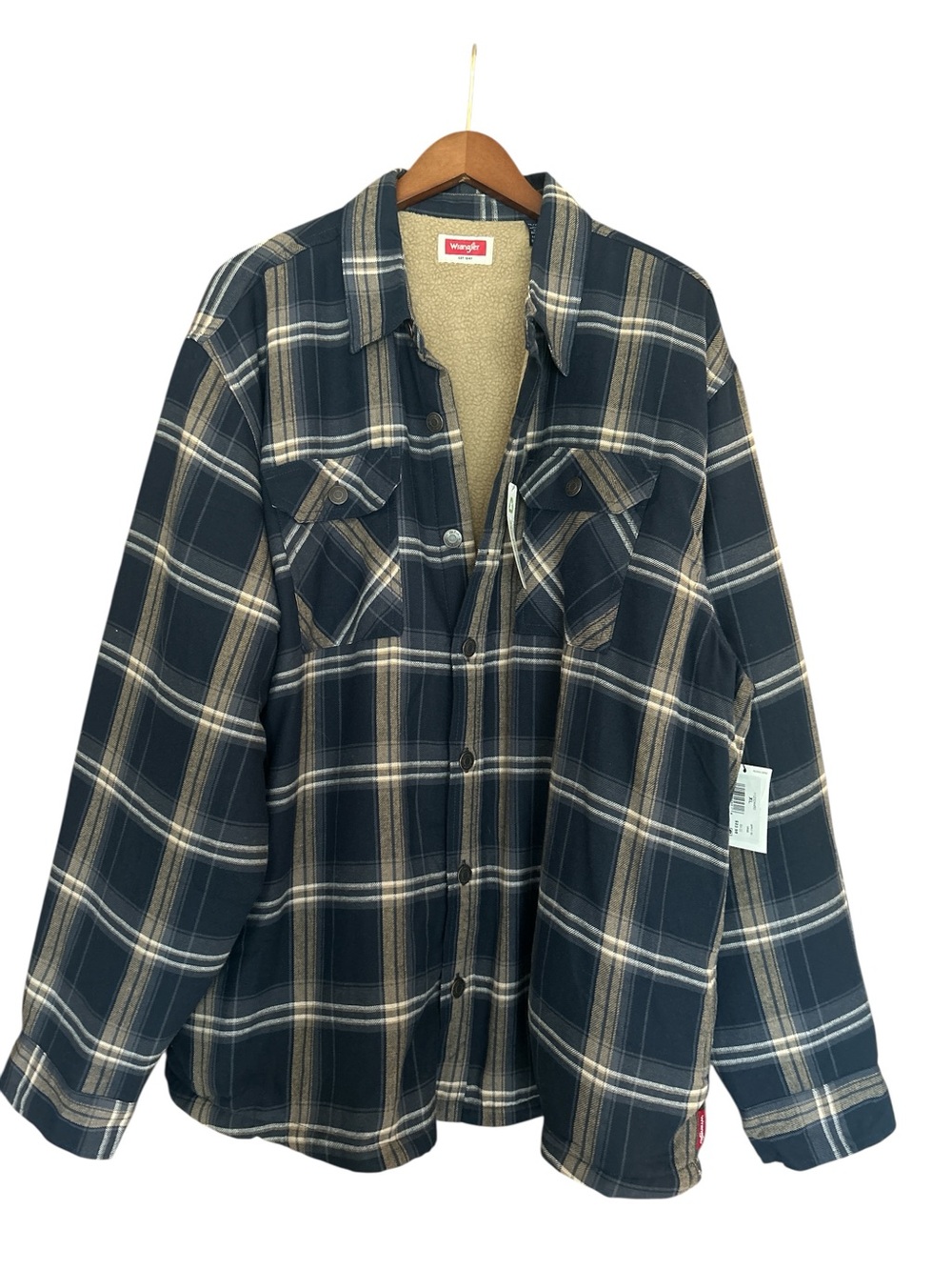 Wrangler Navy & Tan Plaid Sherpa-Lined Shirt Jacket NWT